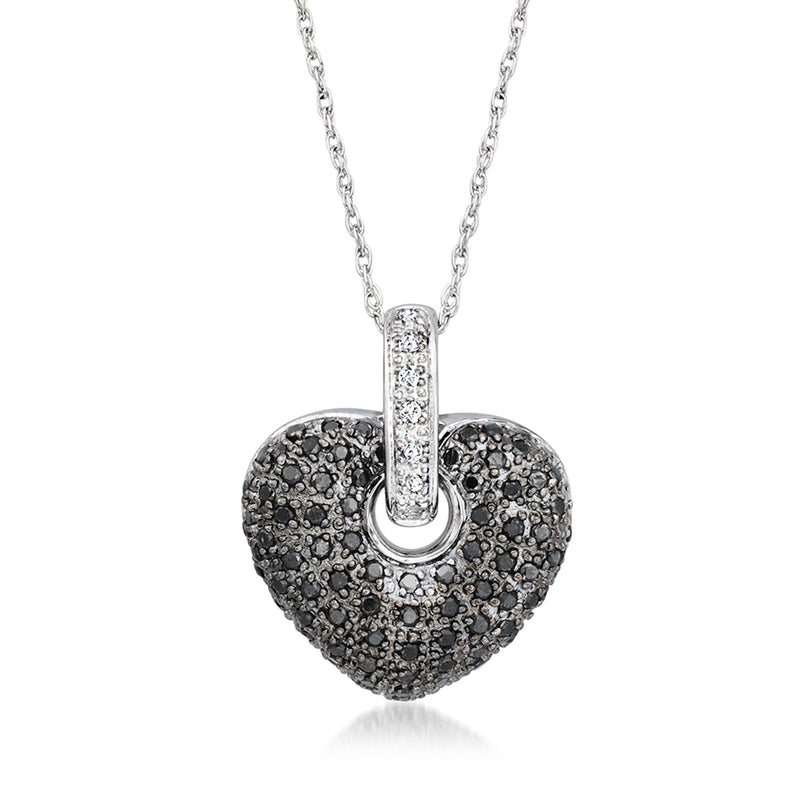 Heart pendant necklace with black and white diamonds in white gold