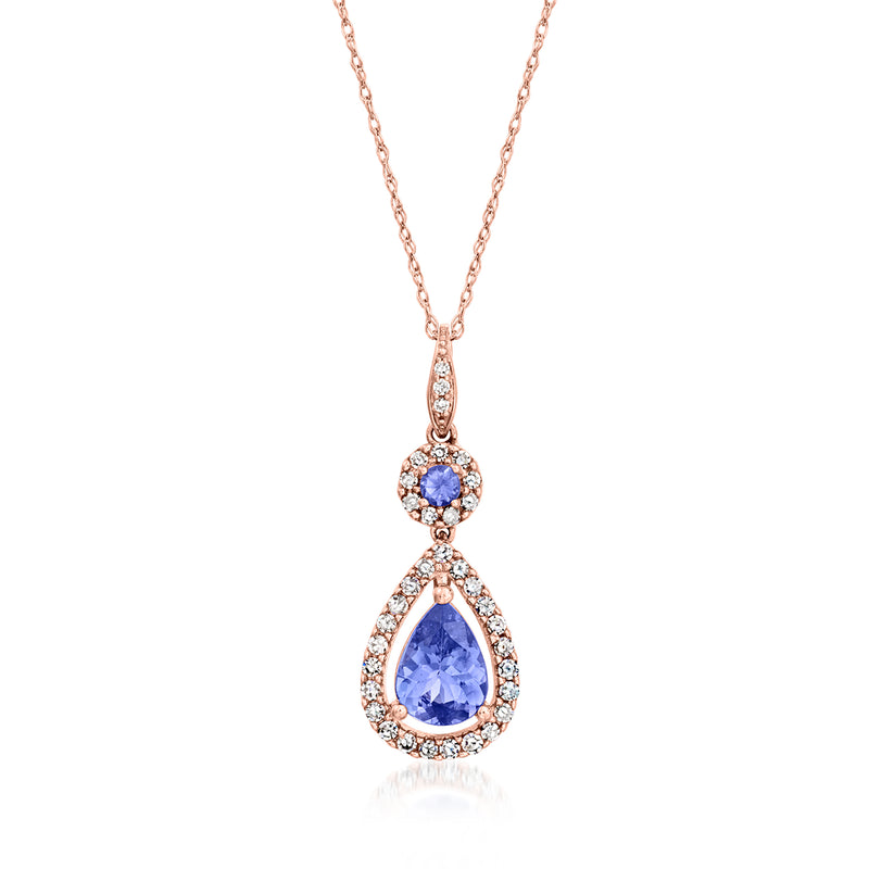 14kt rose gold pendant necklace with oval blue tanzanite and diamond halo, round top