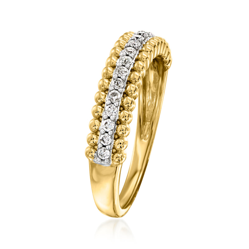 18kt gold over sterling diamond ring with beaded edge and raised stone channel, side view