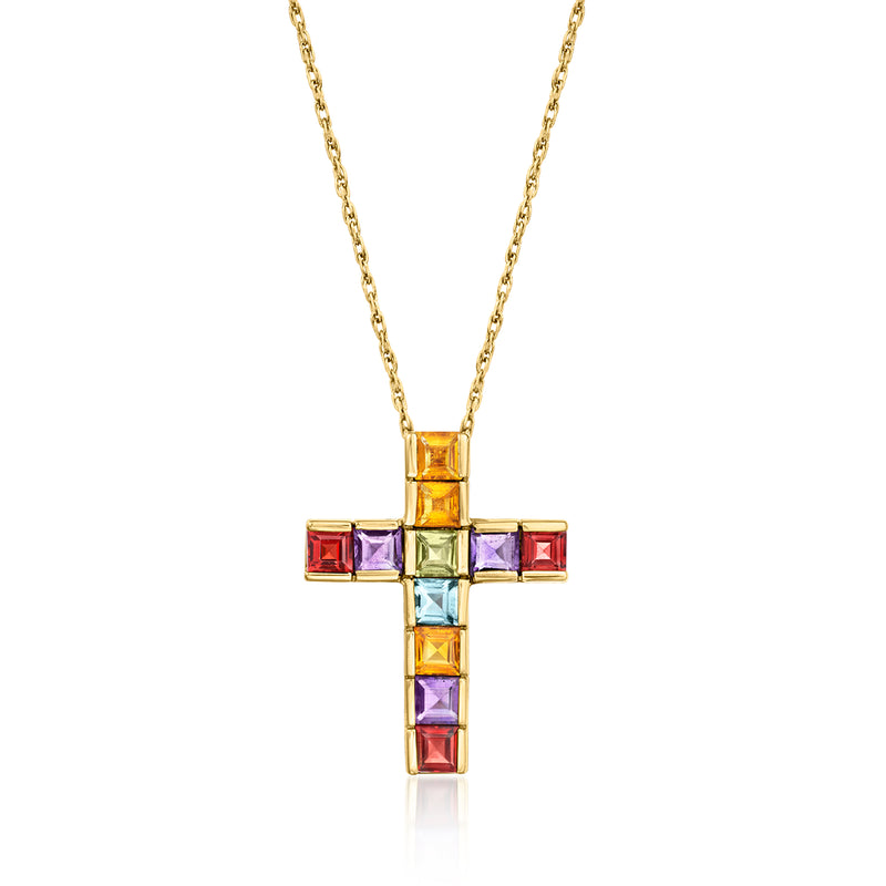 14kt yellow gold multi-gemstone cross pendant necklace with square purple, red gems