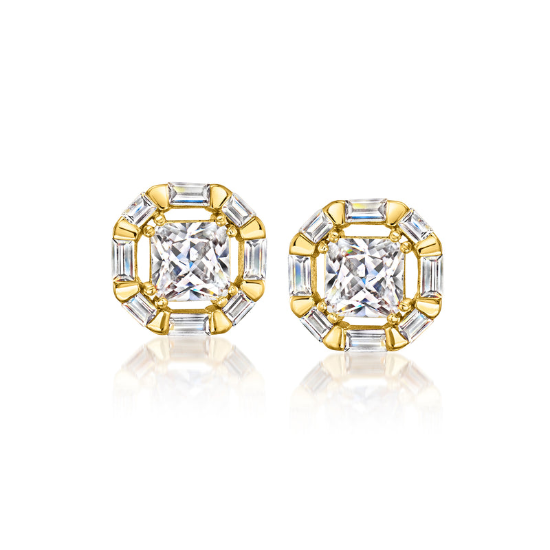 Gold-plated stud earrings with rectangular-cut CZ halo, square center, clear stones