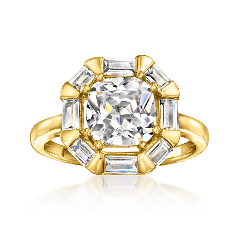 Gold-plated ring with square CZ center and four baguette CZ side stones