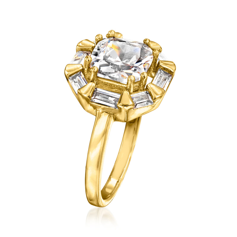 Gold-plated CZ ring with large square center stone and angled baguette accents