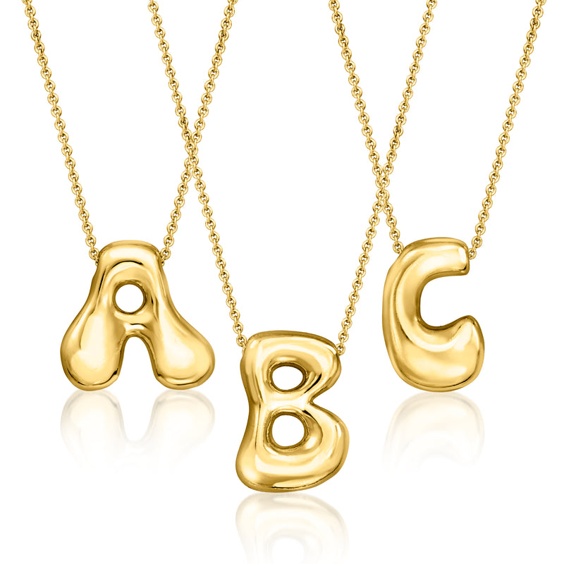 Yellow gold-plated bubble letter initial necklace with A, B, C letters