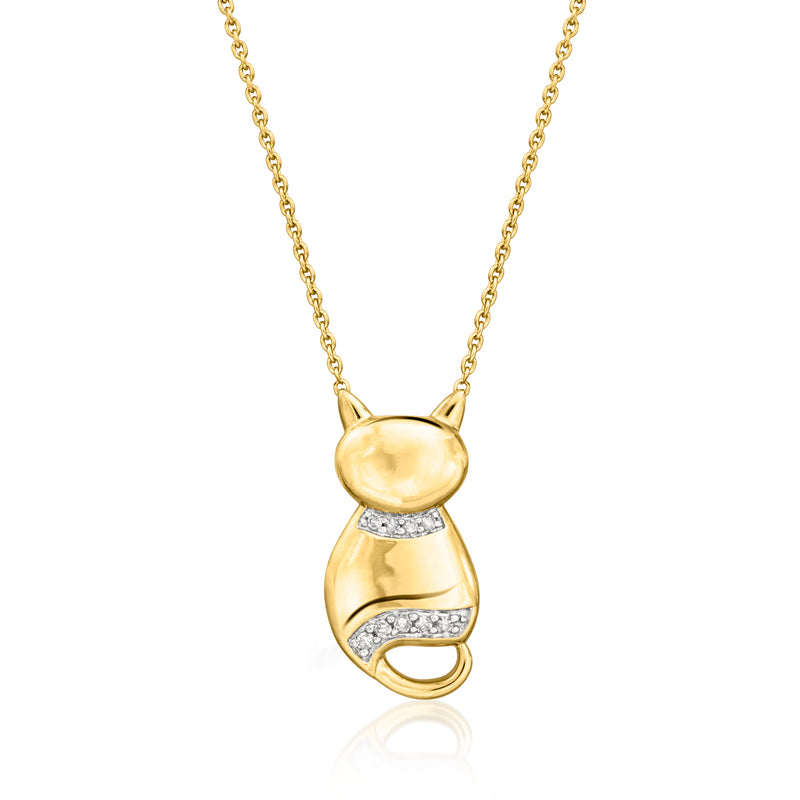 Gold cat pendant necklace with diamond-like stones and link chain, polished finish