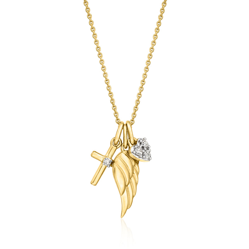 Gold over sterling faith cross and wing charm necklace with small round diamond accents