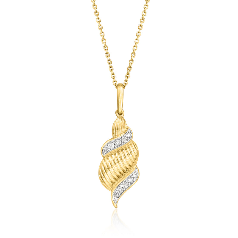 Gold spiral pendant necklace with small round diamond accents, cable chain.