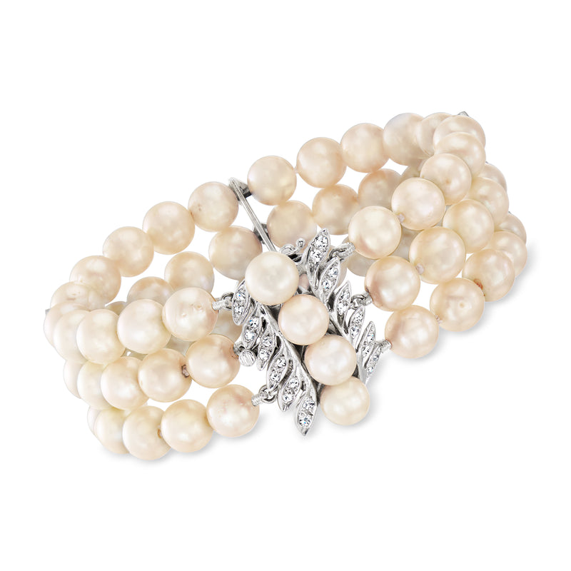 Vintage three-row cultured pearl bracelet with diamond-accent clasp, 14kt white gold