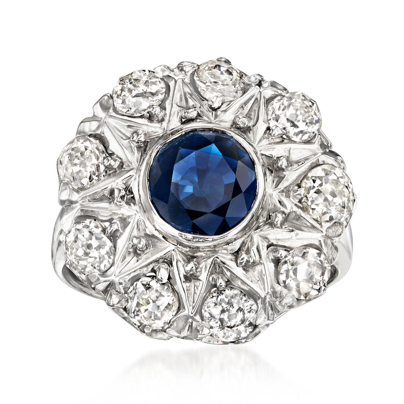 Vintage sapphire and diamond cocktail ring, blue center stone in white gold setting