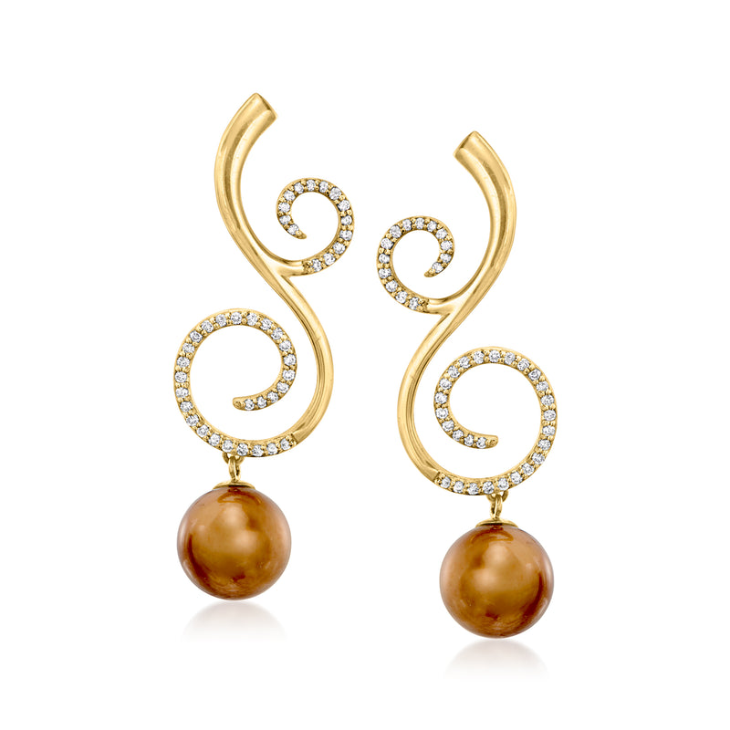 Vintage 14kt yellow gold swirl drop earrings with diamond accents and golden pearl drops