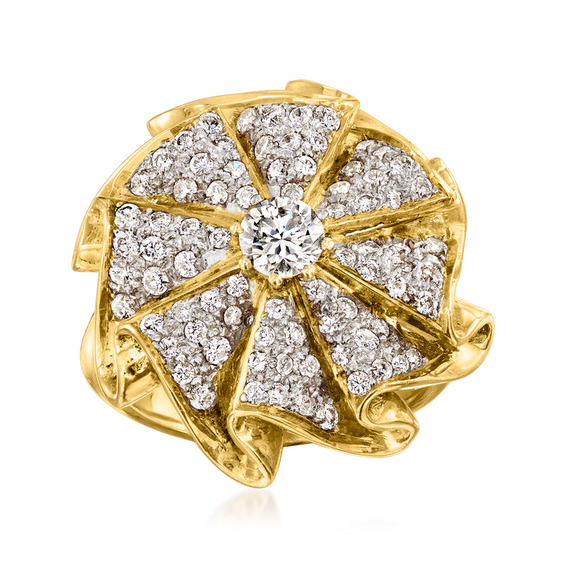 Yellow gold diamond cluster ring with round center stone and petal-shaped halos.