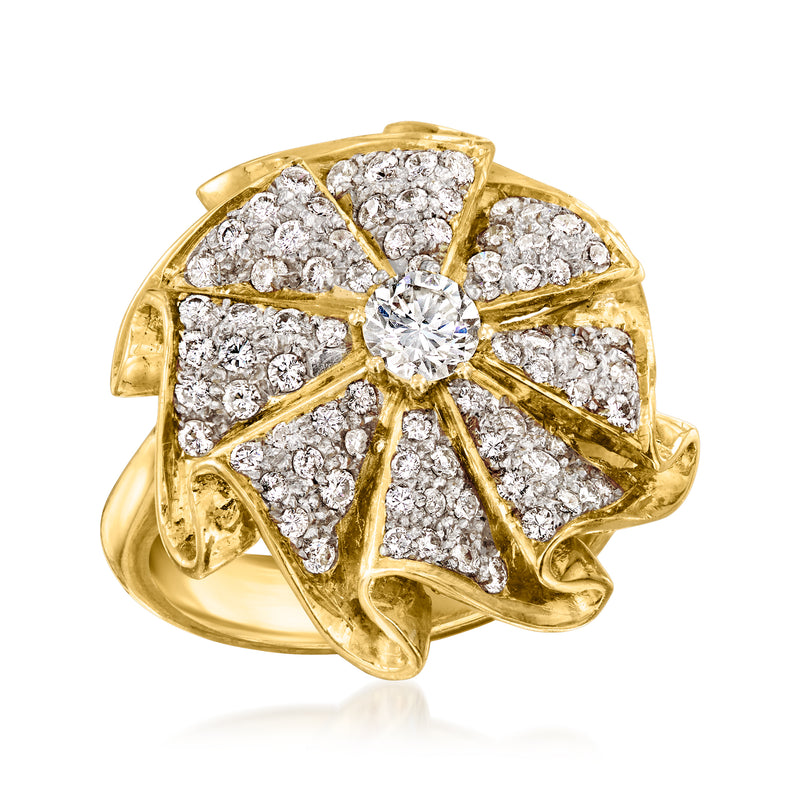 Yellow gold diamond cluster ring with round center stone and scalloped halo details.