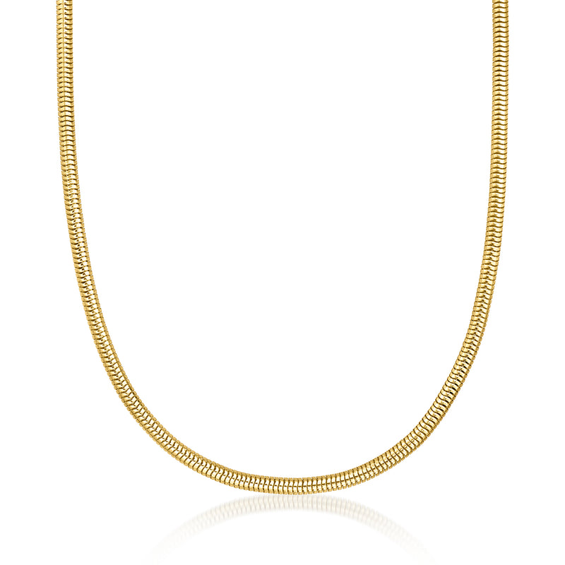 Yellow gold-plated snake chain necklace with 4mm round links, close-up front