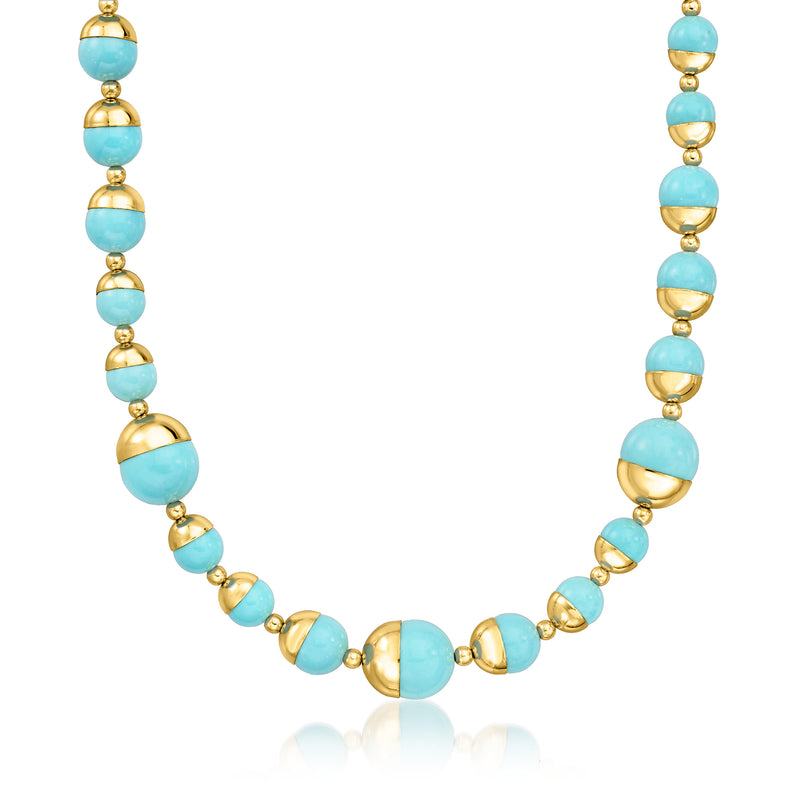 Gold-plated beaded necklace with round turquoise-colored stones and clasp