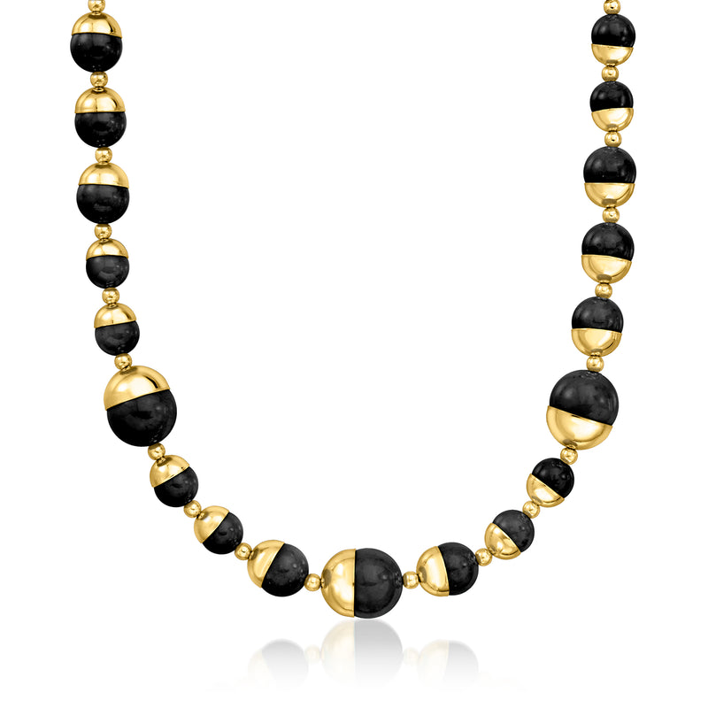 Gold-plated necklace with round black agate beads and small gold spacer beads