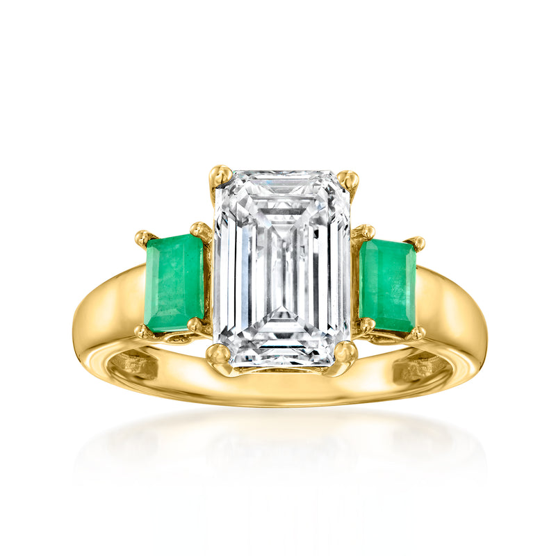 14kt yellow gold ring with rectangular lab-grown diamond and green emerald side stones