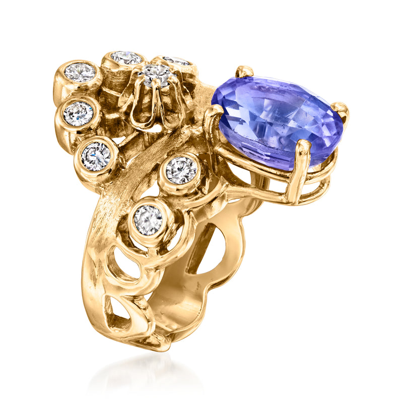 14kt yellow gold ring with large oval blue gemstone and round diamonds, side view