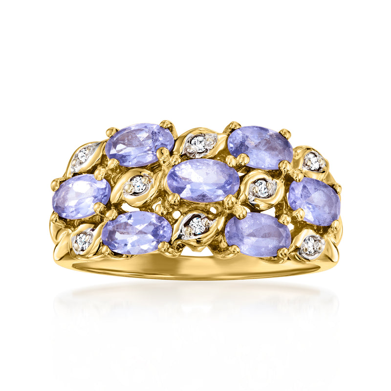 Vintage tanzanite and diamond ring in 14k yellow gold with oval purple gemstones