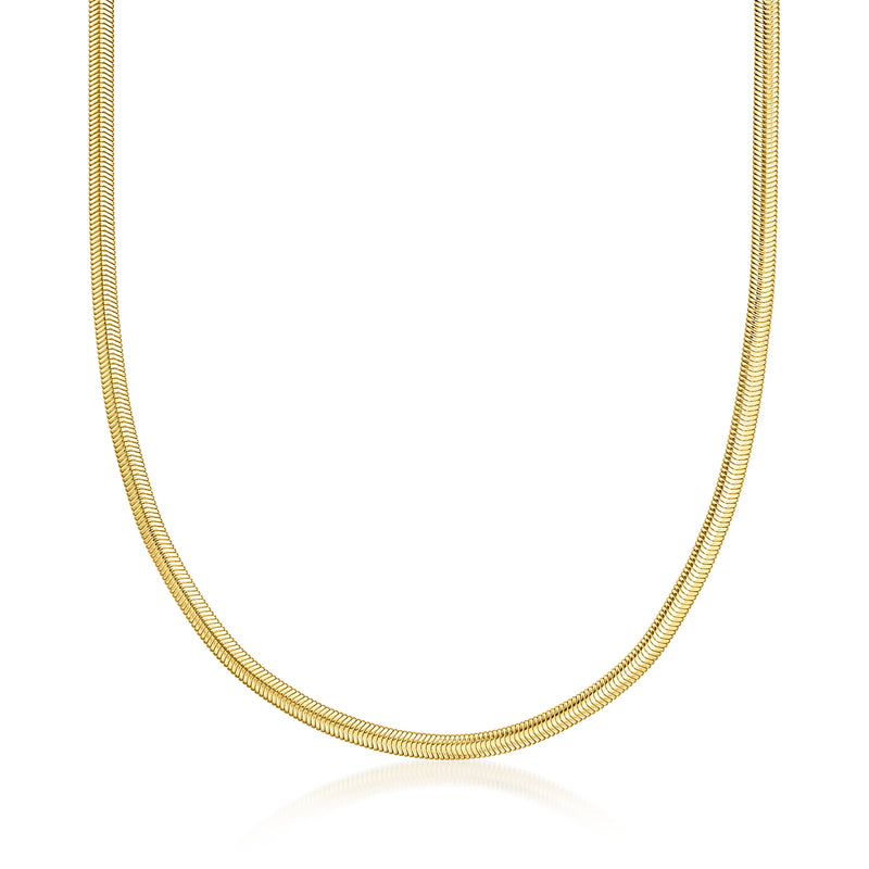 Yellow gold-plated flat snake-chain necklace, close-up of continuous links