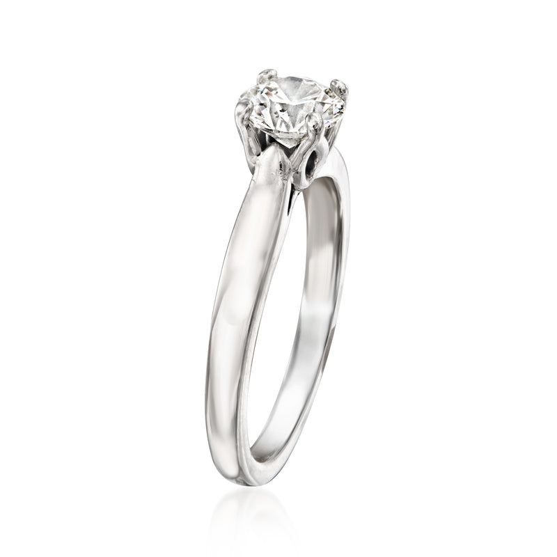 Platinum solitaire diamond ring side view with round center stone in prong setting
