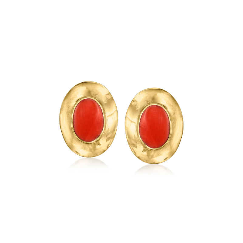 14kt yellow gold coral post earrings with oval hammered frames and red cabochon stones