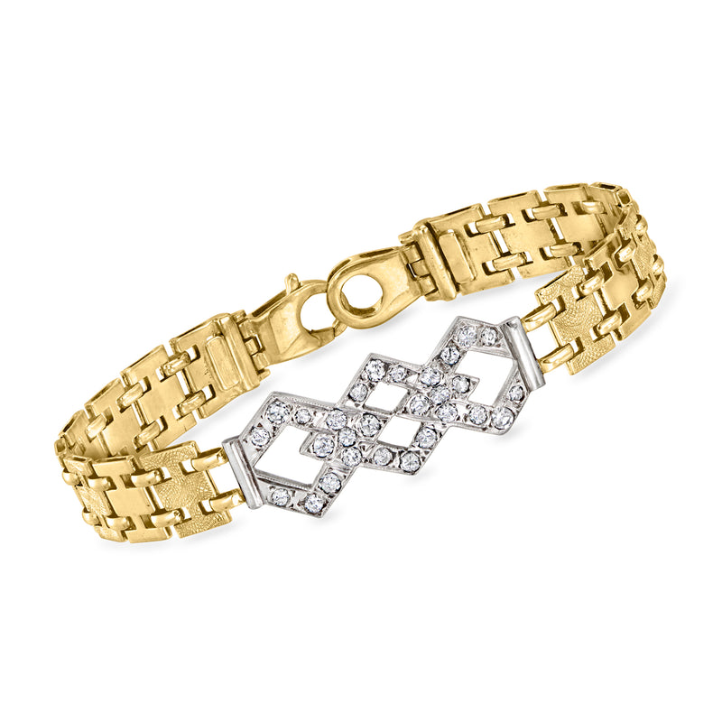 Vintage 14kt yellow gold diamond geometric bracelet with link chain and large diamond centerpiece