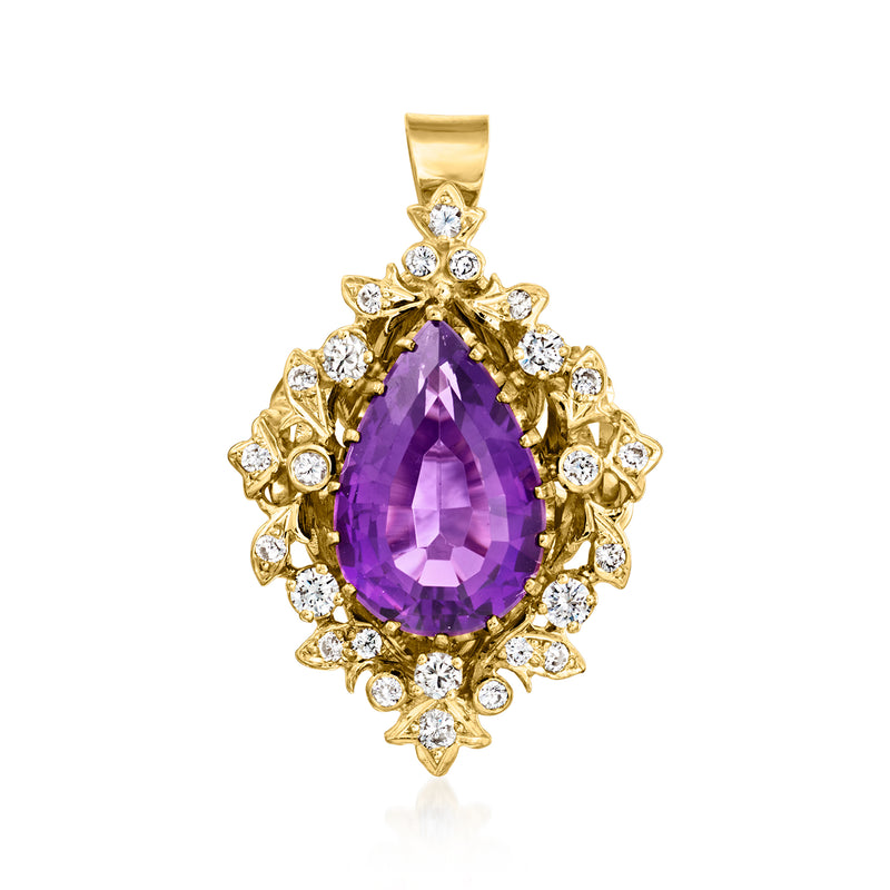 Vintage amethyst and diamond teardrop pin/pendant in 14kt yellow gold, purple stone halo