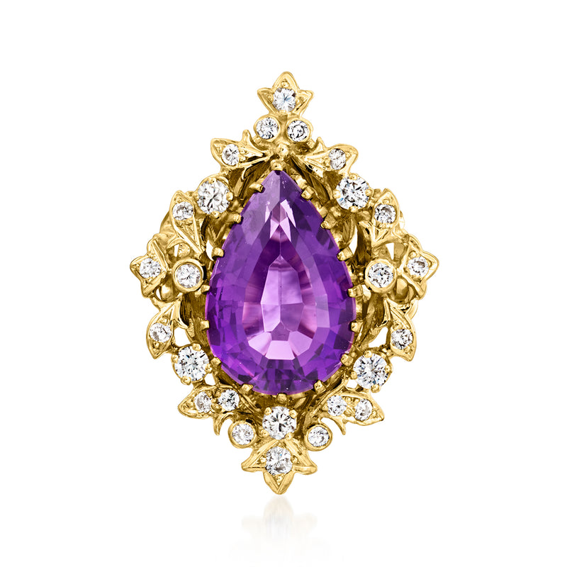 Vintage purple amethyst teardrop pendant with diamond halo and 14kt yellow gold setting
