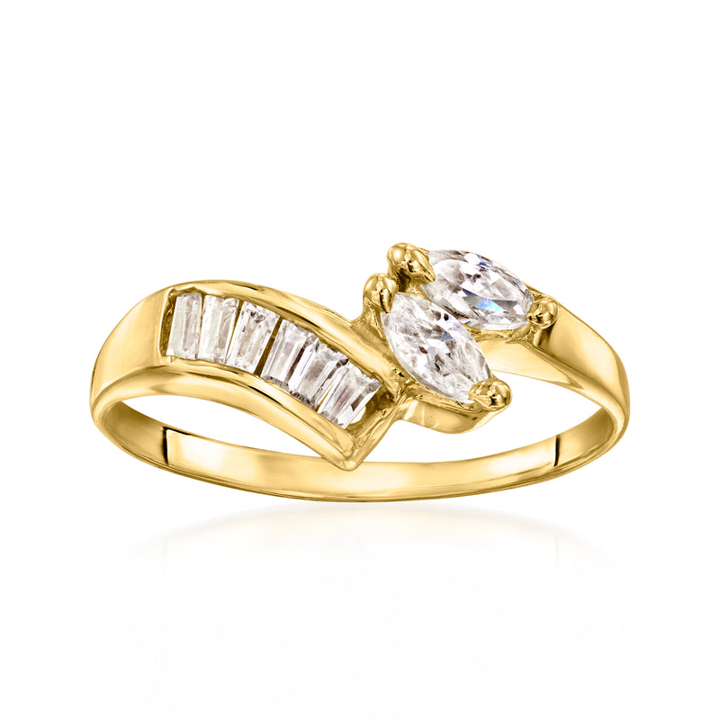 14kt yellow gold vintage CZ ring with marquise center and baguette side stones
