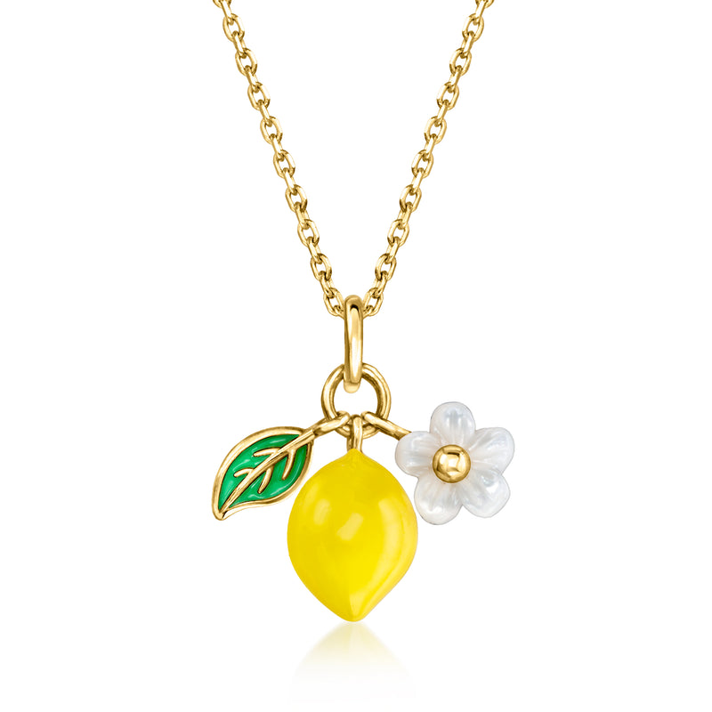 Gold charm necklace with yellow lemon and white mother-of-pearl flower