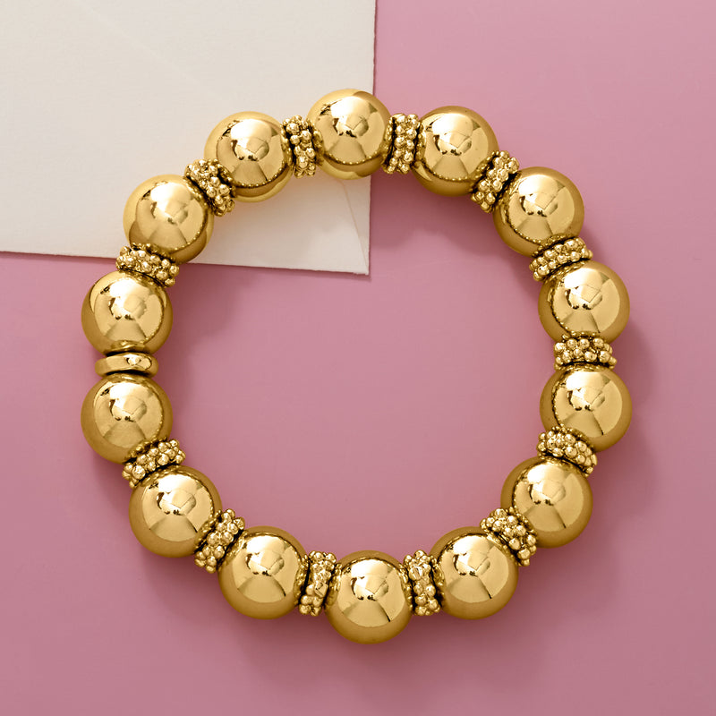 Yellow gold-plated bead stretch bracelet with rhinestone detail between round beads