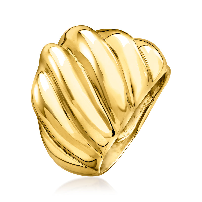 Gold-plated shrimp-shaped ring, ridged polished band view from side
