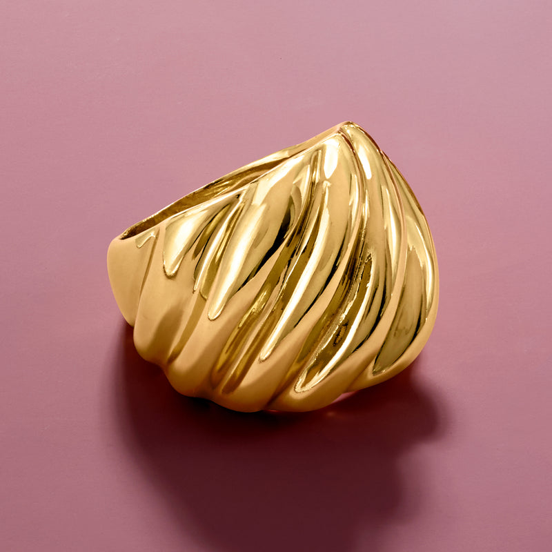 Gold-plated shrimp-shaped ring with glossy ridged texture