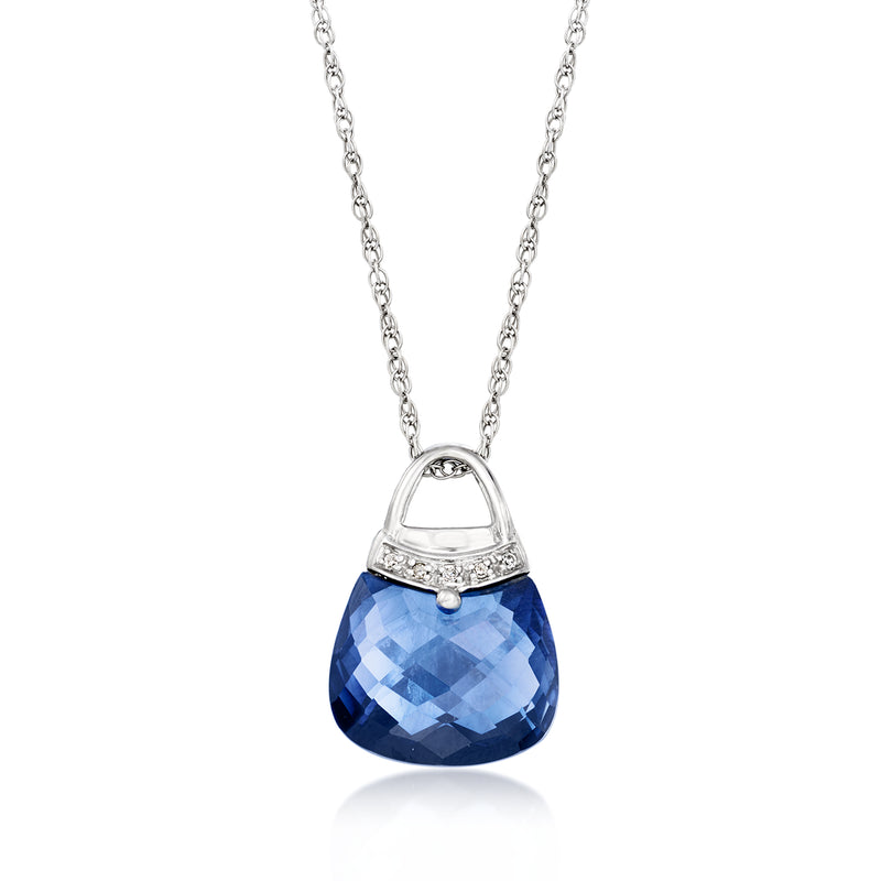 Vintage sapphire purse pendant necklace in 14kt white gold, blue crystal and diamond accents