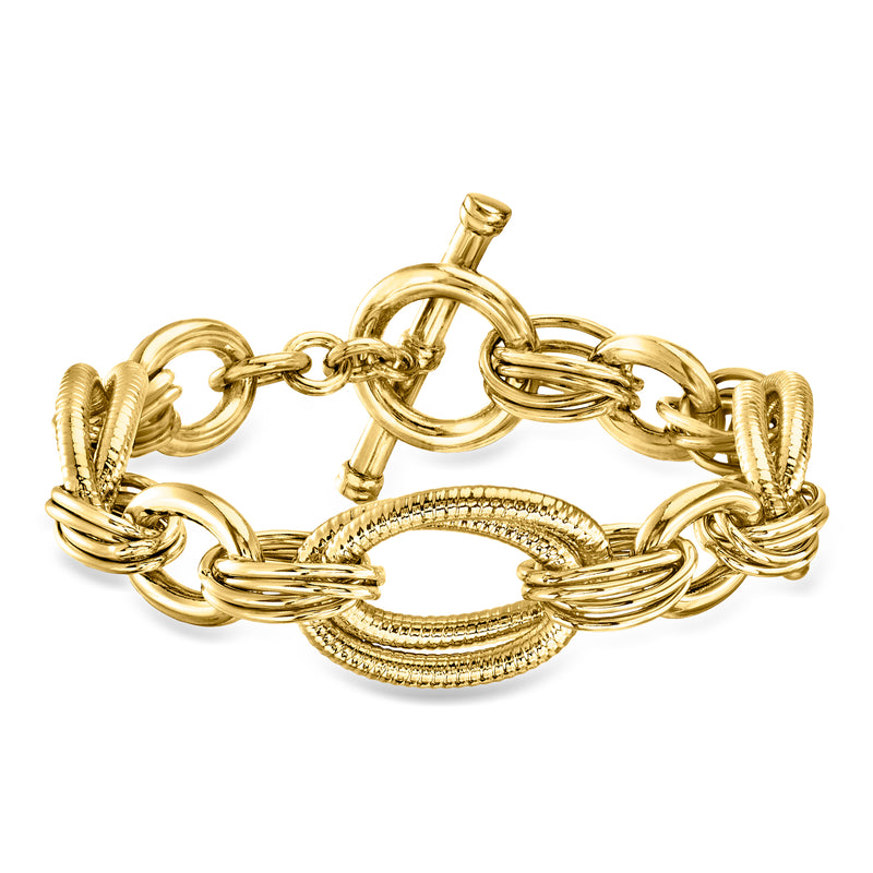 Gold-plated oval-link toggle bracelet with textured oval centerpiece