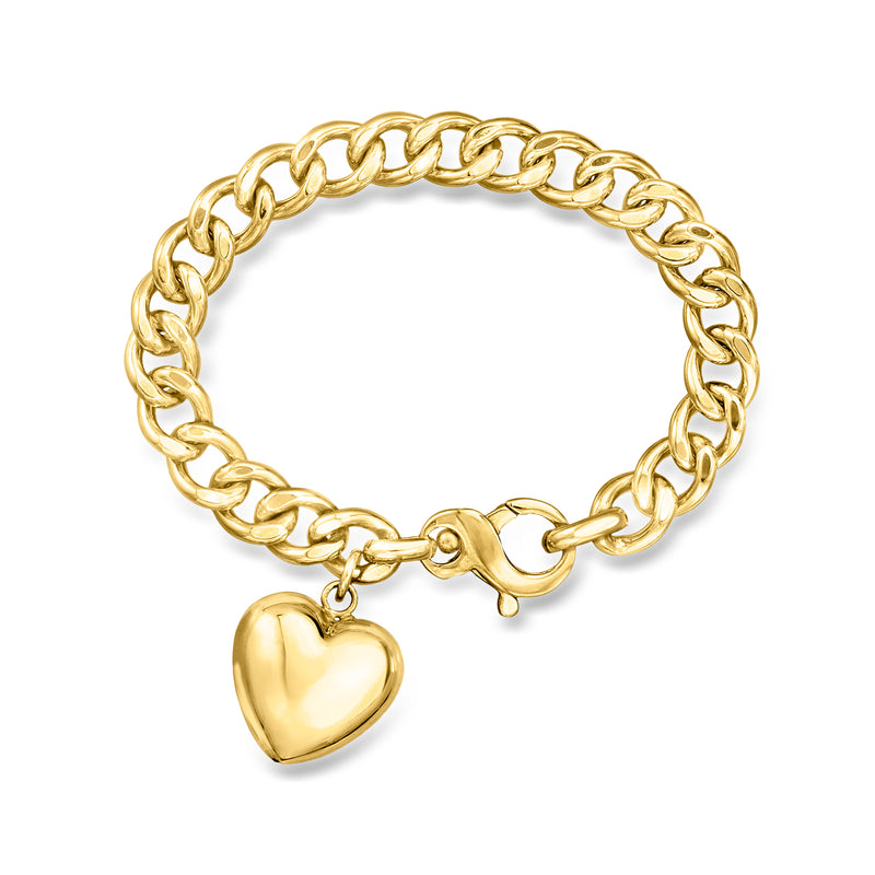 Gold-plated curb-link bracelet with puffed heart charm and curved clasp