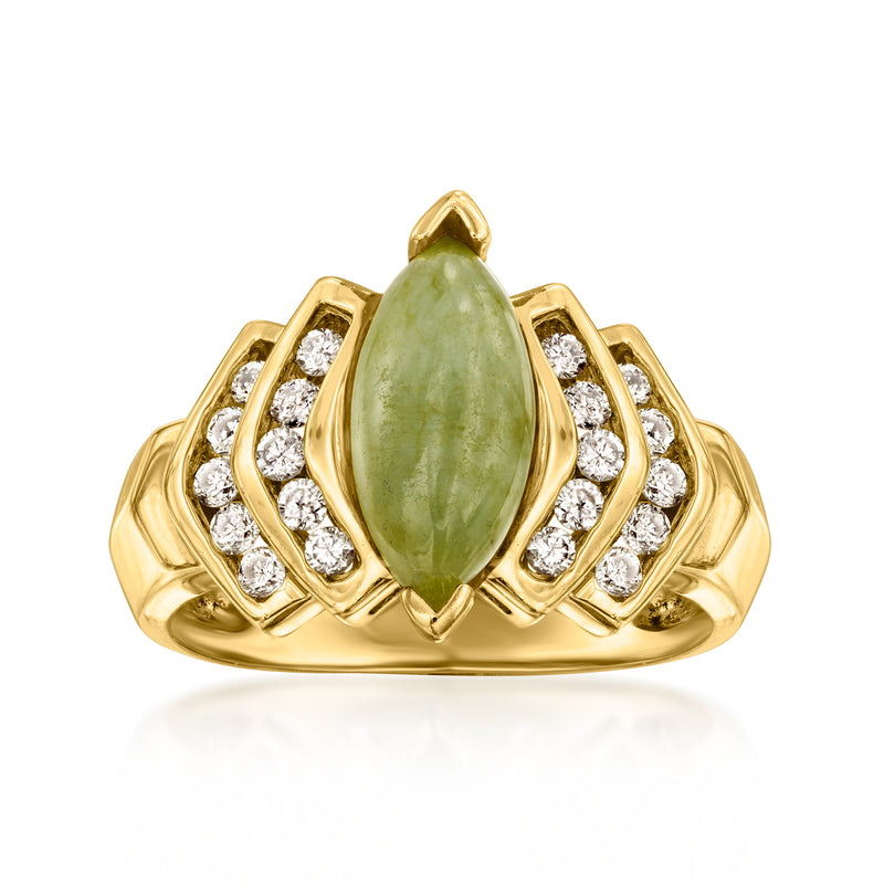 14kt yellow gold ring with pear-shaped green jade center and diamond halo
