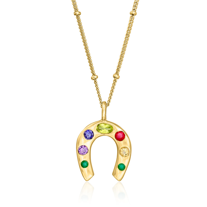 Gold over sterling horseshoe pendant necklace with multicolor gemstones and link chain
