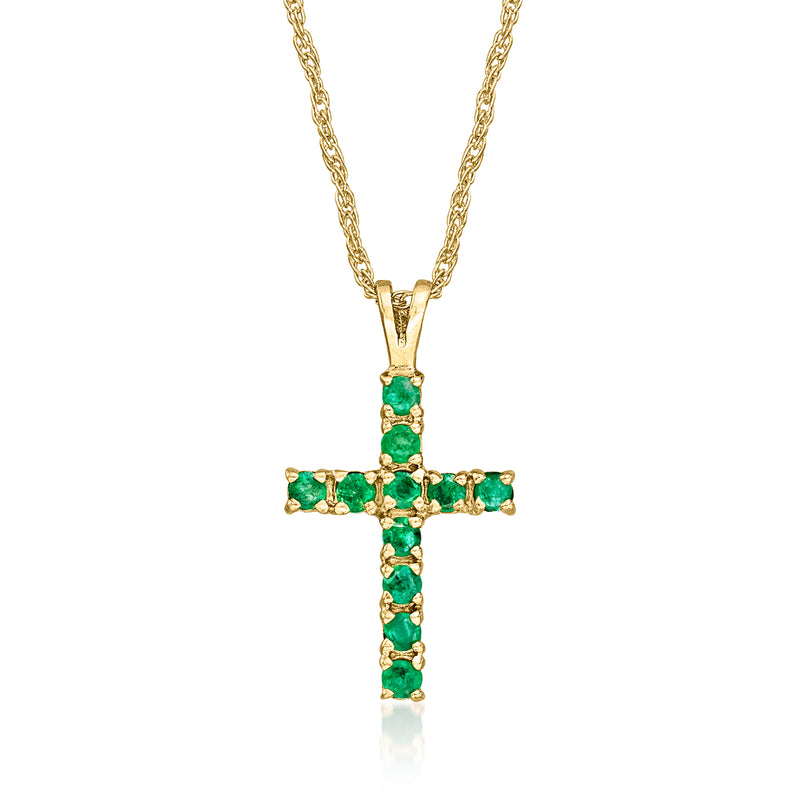 14kt yellow gold cross pendant necklace with green emerald gemstone accents