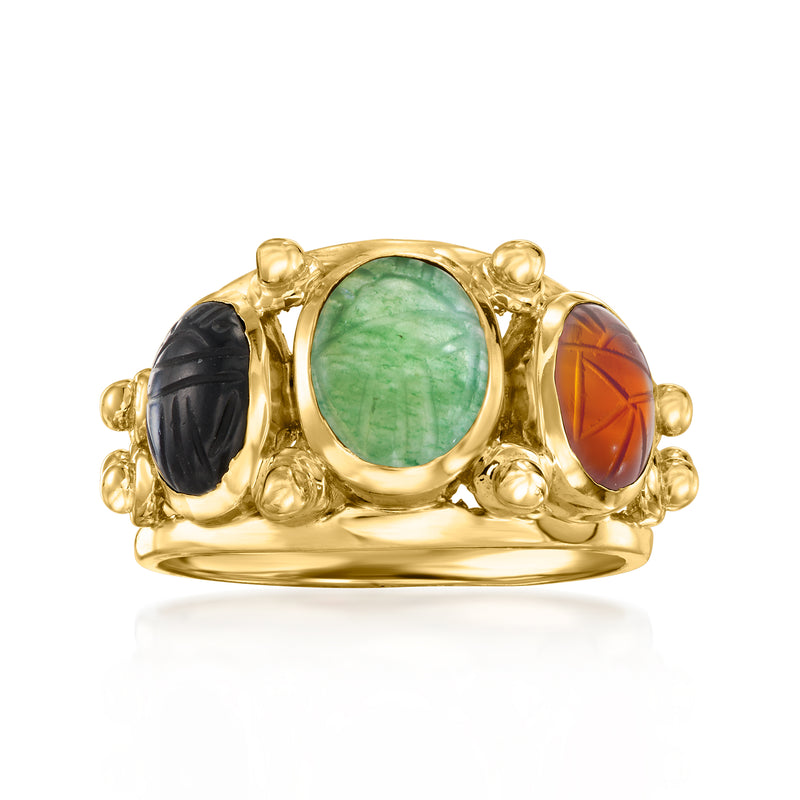 Vintage 14kt yellow gold scarab ring with green, black, and amber oval gemstones