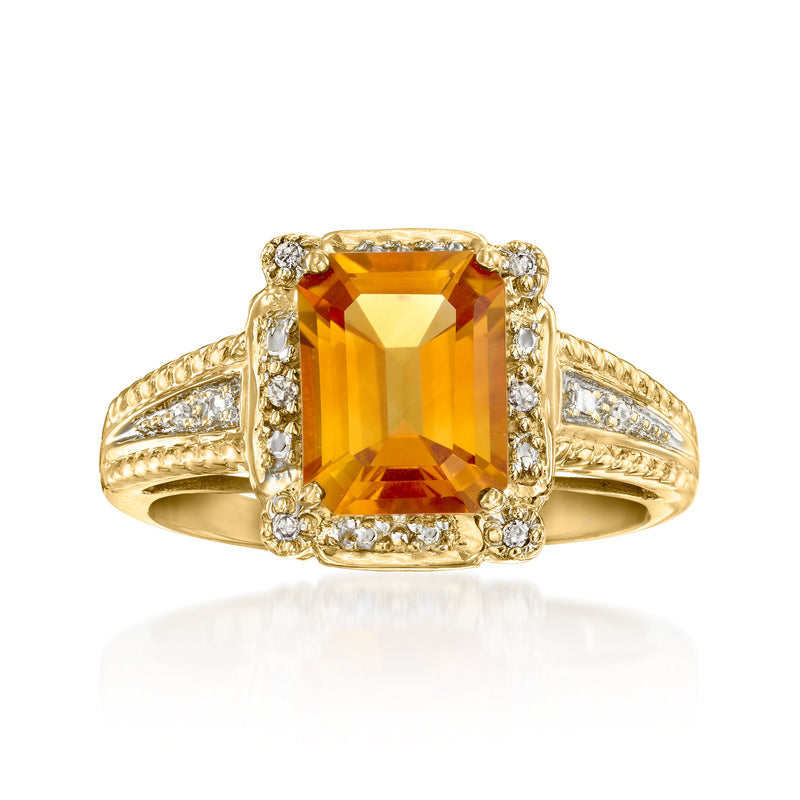 14kt yellow gold ring with rectangular citrine center and diamond accents