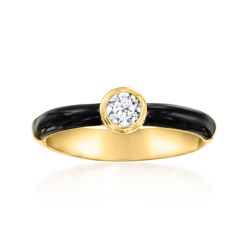 Gold ring with black enamel band and bezel-set round lab diamond