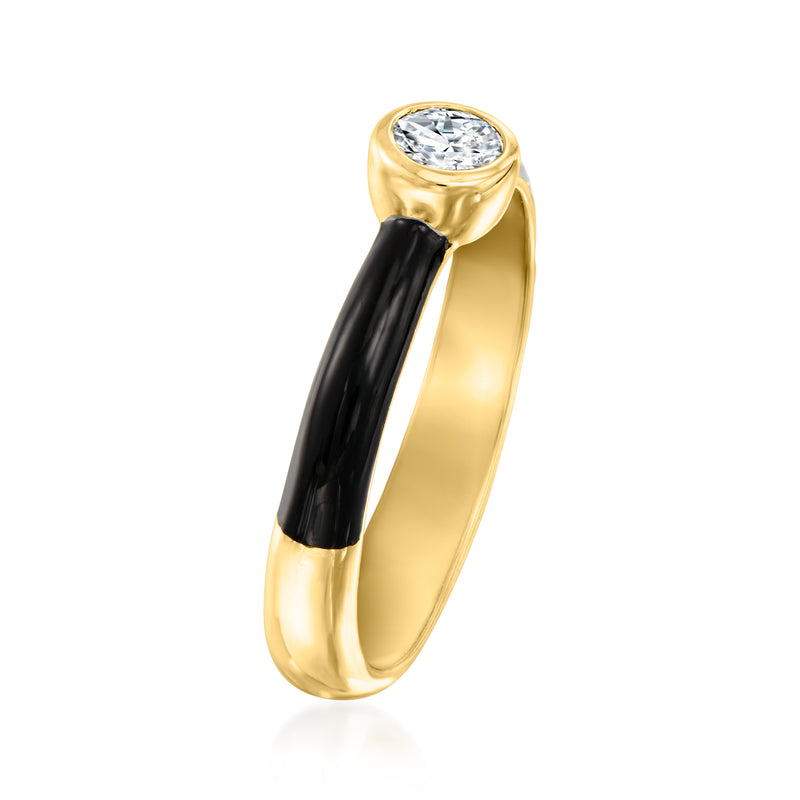 Gold bezel-set round diamond ring with black enamel side panels