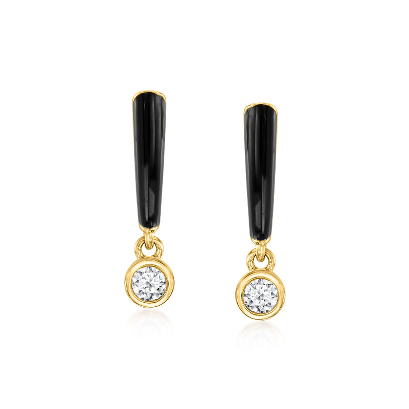 Black enamel drop earrings with round diamond, 18kt gold over sterling