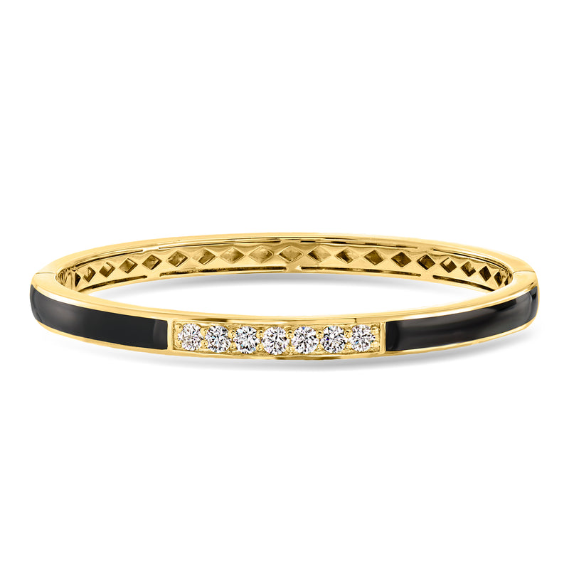 18kt gold bangle bracelet with black enamel and diamond row detail