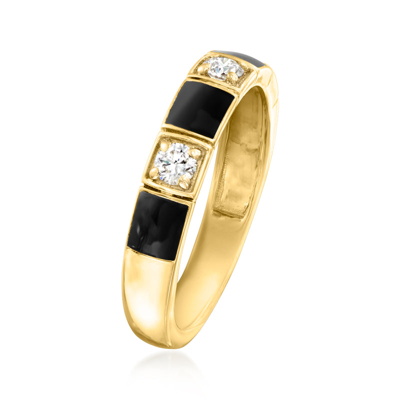 Gold-tone bezel ring with black enamel blocks and round diamond stones, side view