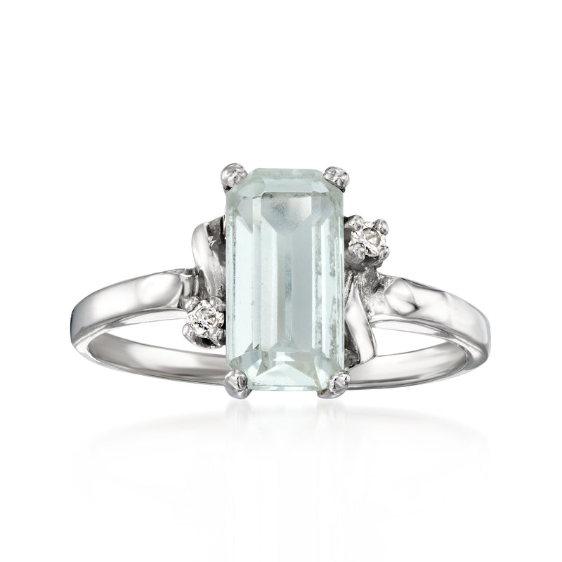 14kt white gold ring with rectangular light blue fluorite center and round diamonds