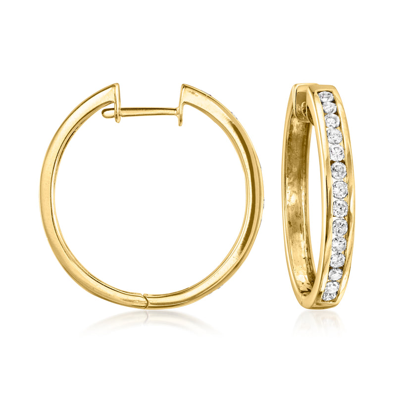14kt yellow gold diamond hoop earrings, round hinged hoops with pave-set stones