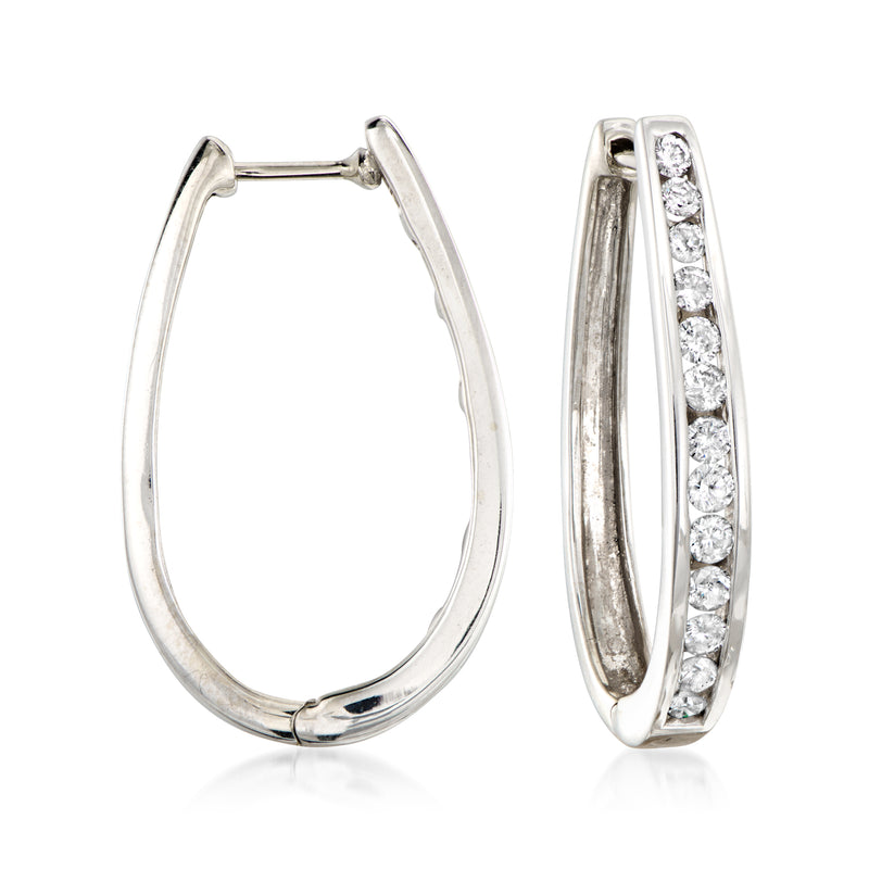 Oval diamond hoop earrings in 14kt white gold with channel-set stones