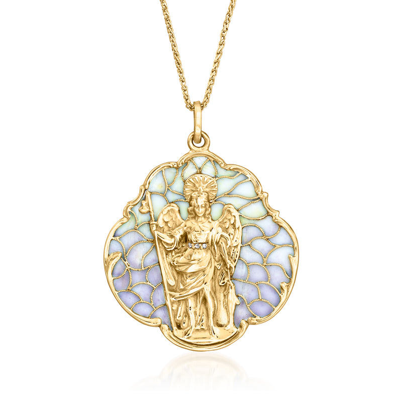 Vintage gold angel pendant necklace with blue enamel halo and chain